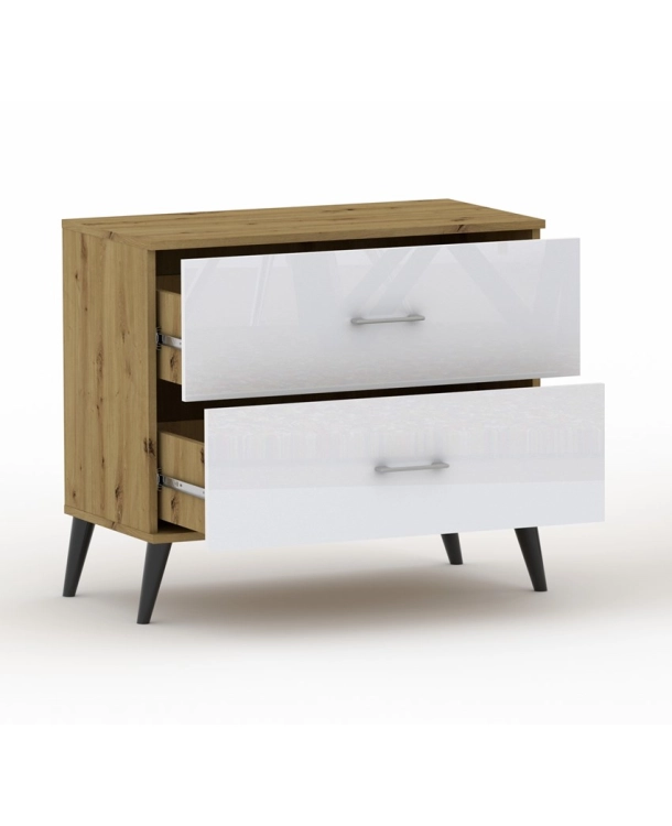 Komoda Pola 2N - 4 szerokości. Dab Artisan/ połysk, 2 pojemne szuflady na nożkach